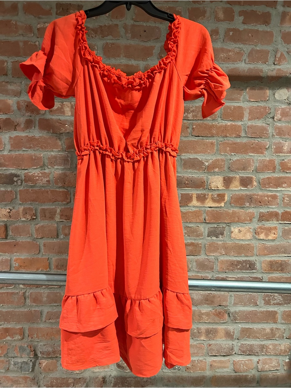 Women’s Midi Dress in Bright Orange - Casual Ruffle Detail